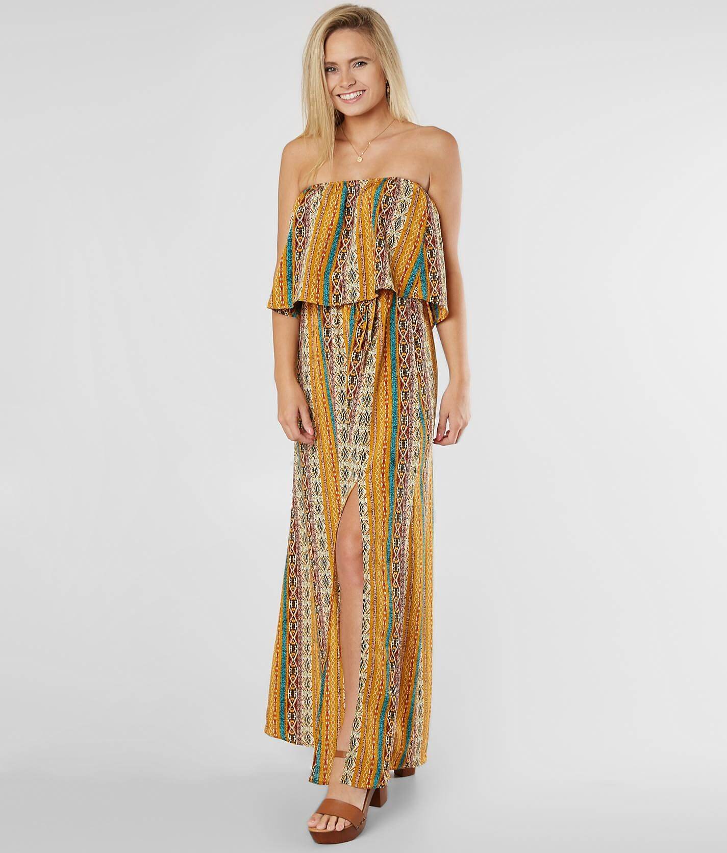 yellow strapless maxi dress