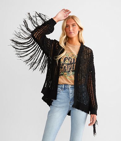 Willow & Root Feather Trim Cardigan Sweater - Black X-Small, Women's