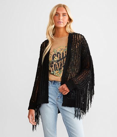 Peach Love California Fringe Cardigan Sweater FULL_LEFT_SIDE