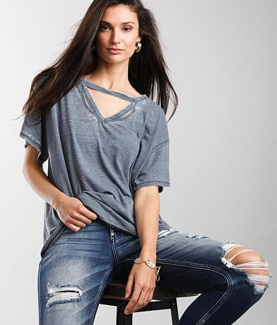 Black Strappy Caged Shoulder Cutout Detail Relaxed Fit Ribbed Knit Burnout Top