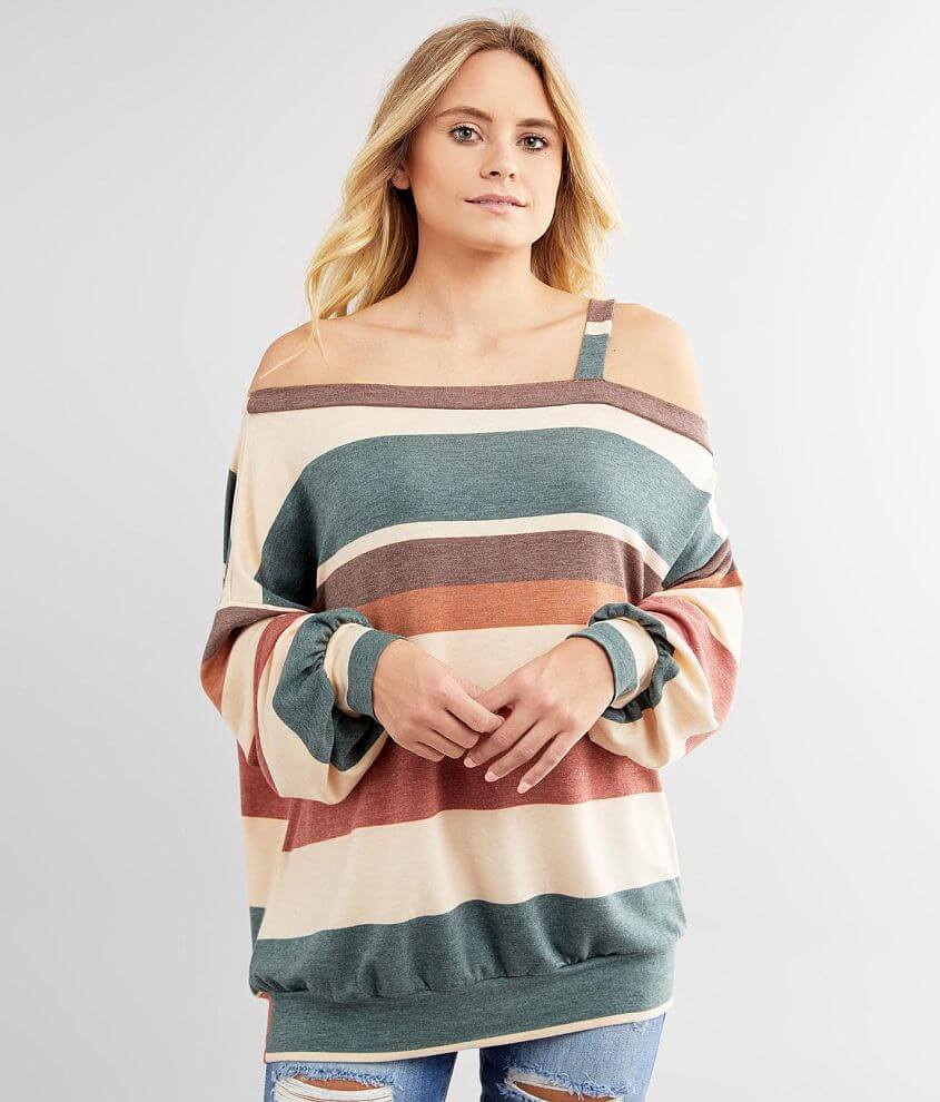 BKE Cold One Shoulder Striped Top front view