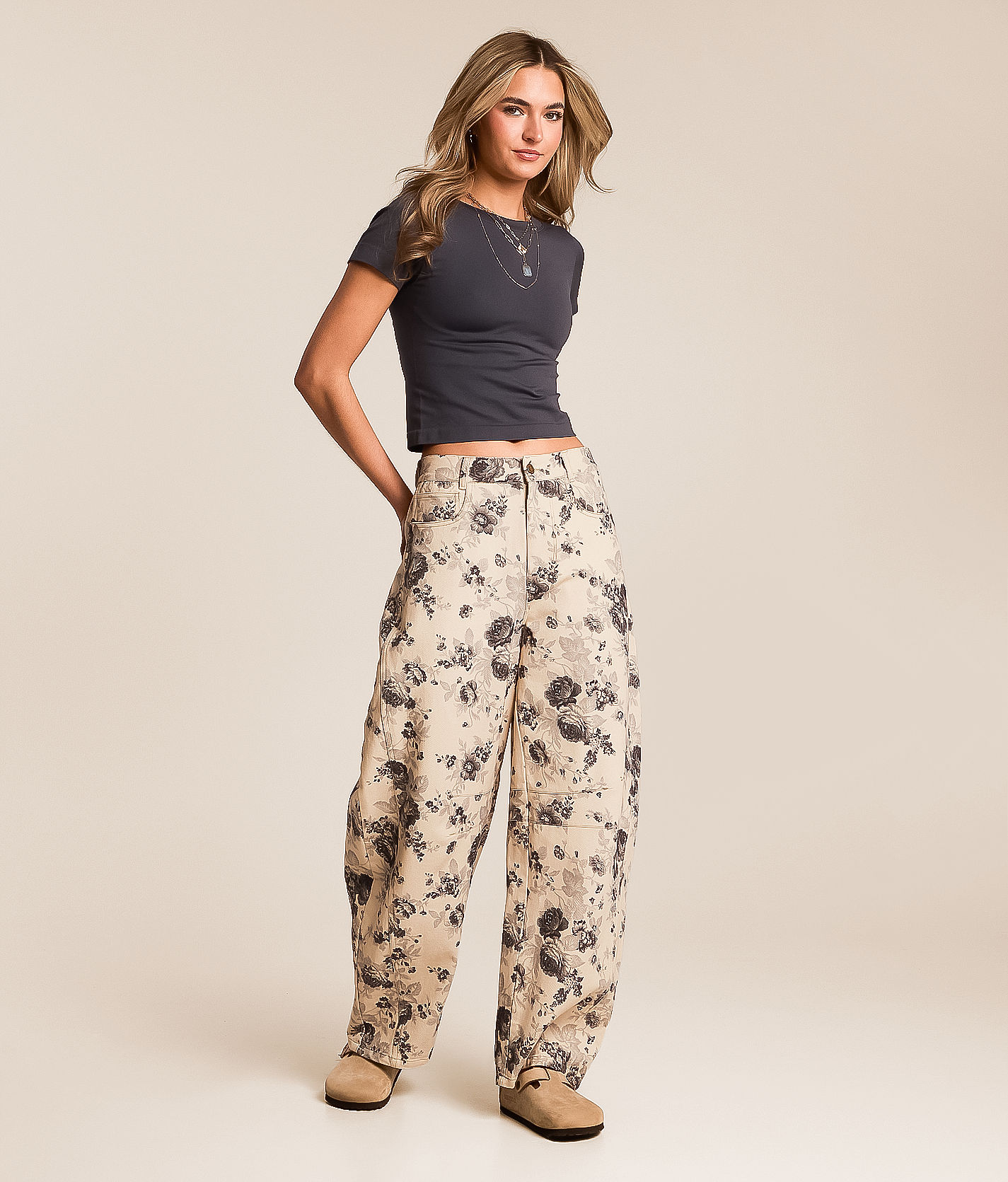 Peach Love California Floral Barrel Pant - Women's Pants in Taupe