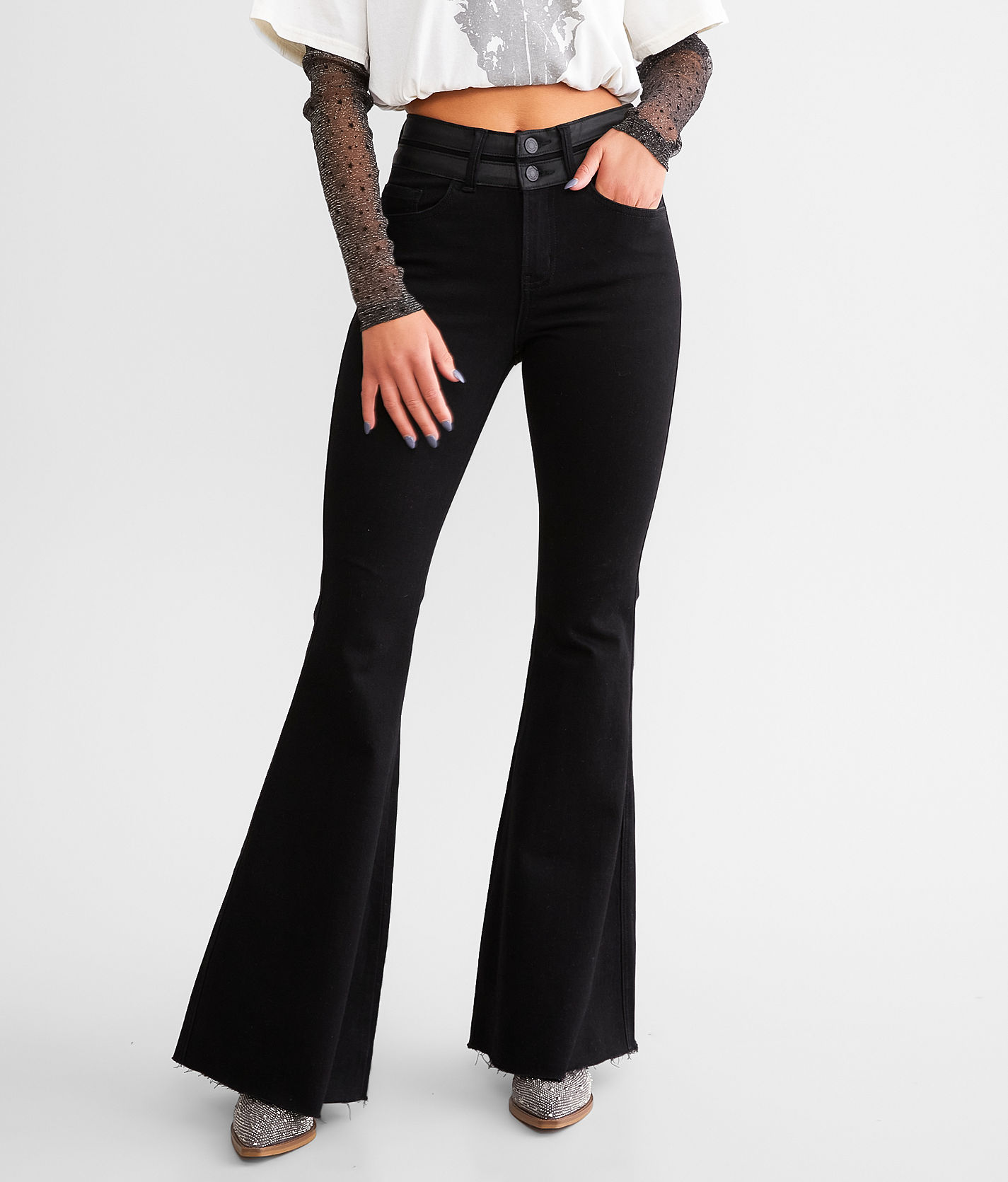 Sterling & Stitch High Rise Fringe Flare Stretch Pant - Women's Pants in  Black