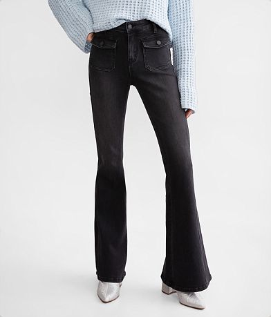 👖denim flare bell bottoms jeans, black crop top turtleneck sweater, ganni #flares #bellbottoms