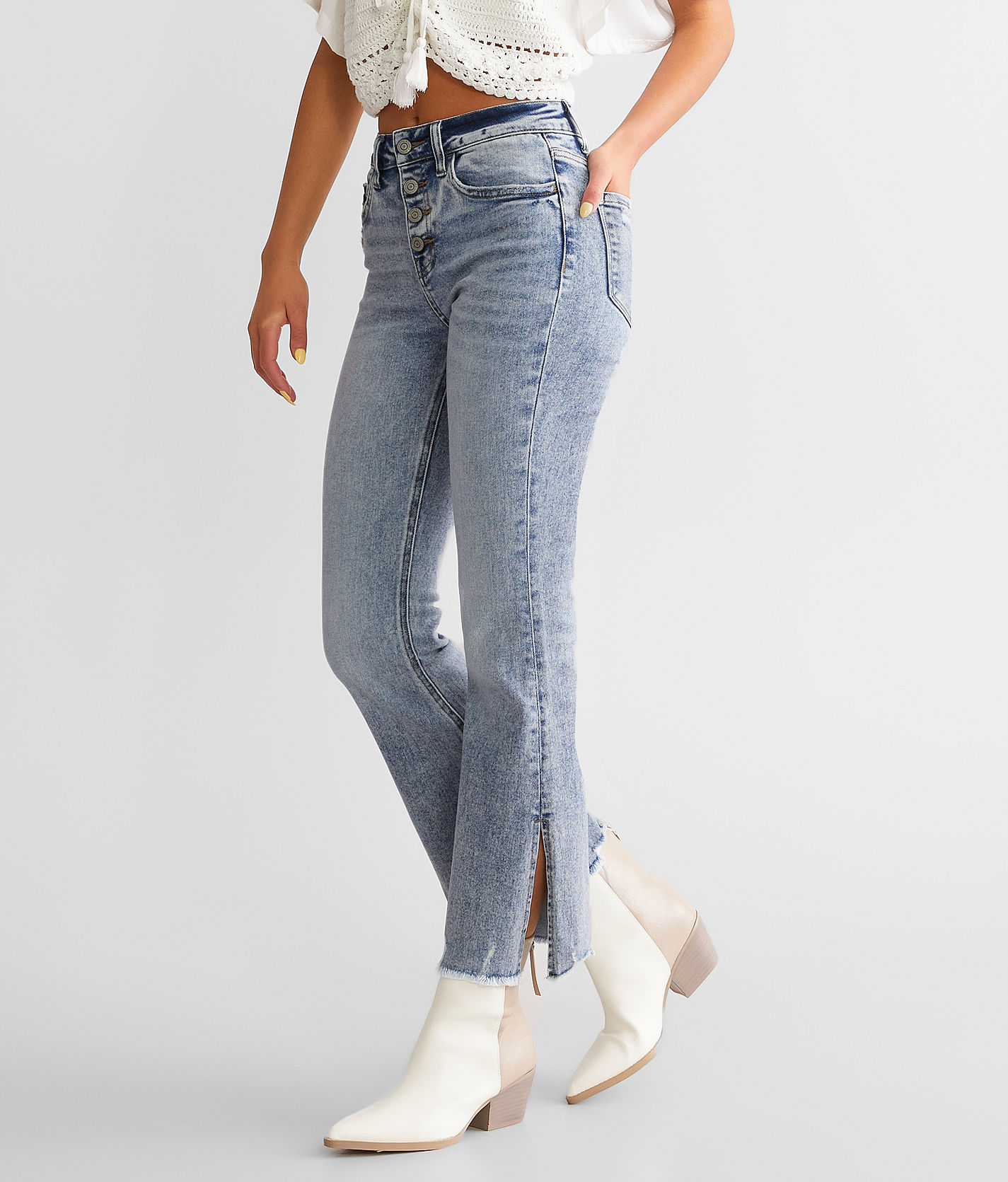 Flying Monkey Mid Rise Crop Kick Flare With Side Slit Jeans - Descano 30