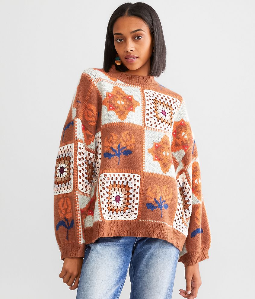 POL Pieced Crochet Sweater Women s Sweaters in Brick Multi Buckle