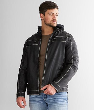 Buckle Black Seam Spray Faux Leather Jacket - Men's Coats/Jackets in Black