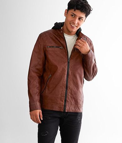 Buckle Black Hooded Faux Leather Jacket front view