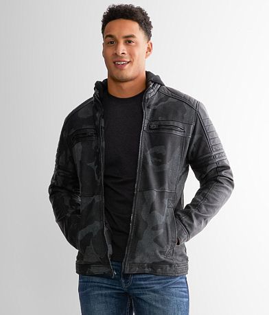 Buckle Black Seam Spray Faux Leather Jacket - Men's Coats/Jackets in Black