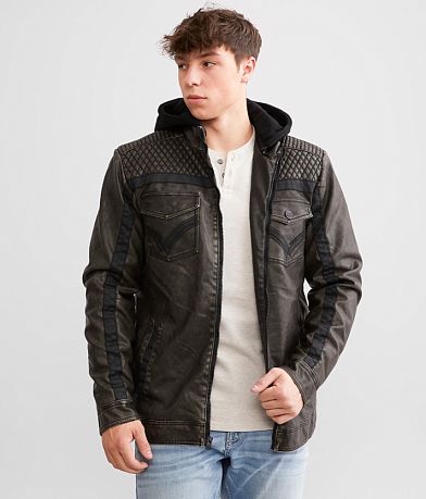 Buckle Black Washed Faux Leather Hooded Jacket front view