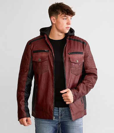 Buckle Black Color Block Moto Hooded Jacket front view