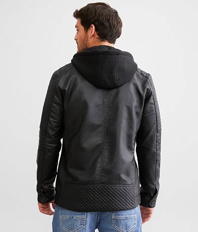 Buckle Black Faux Leather Hooded Jacket front view