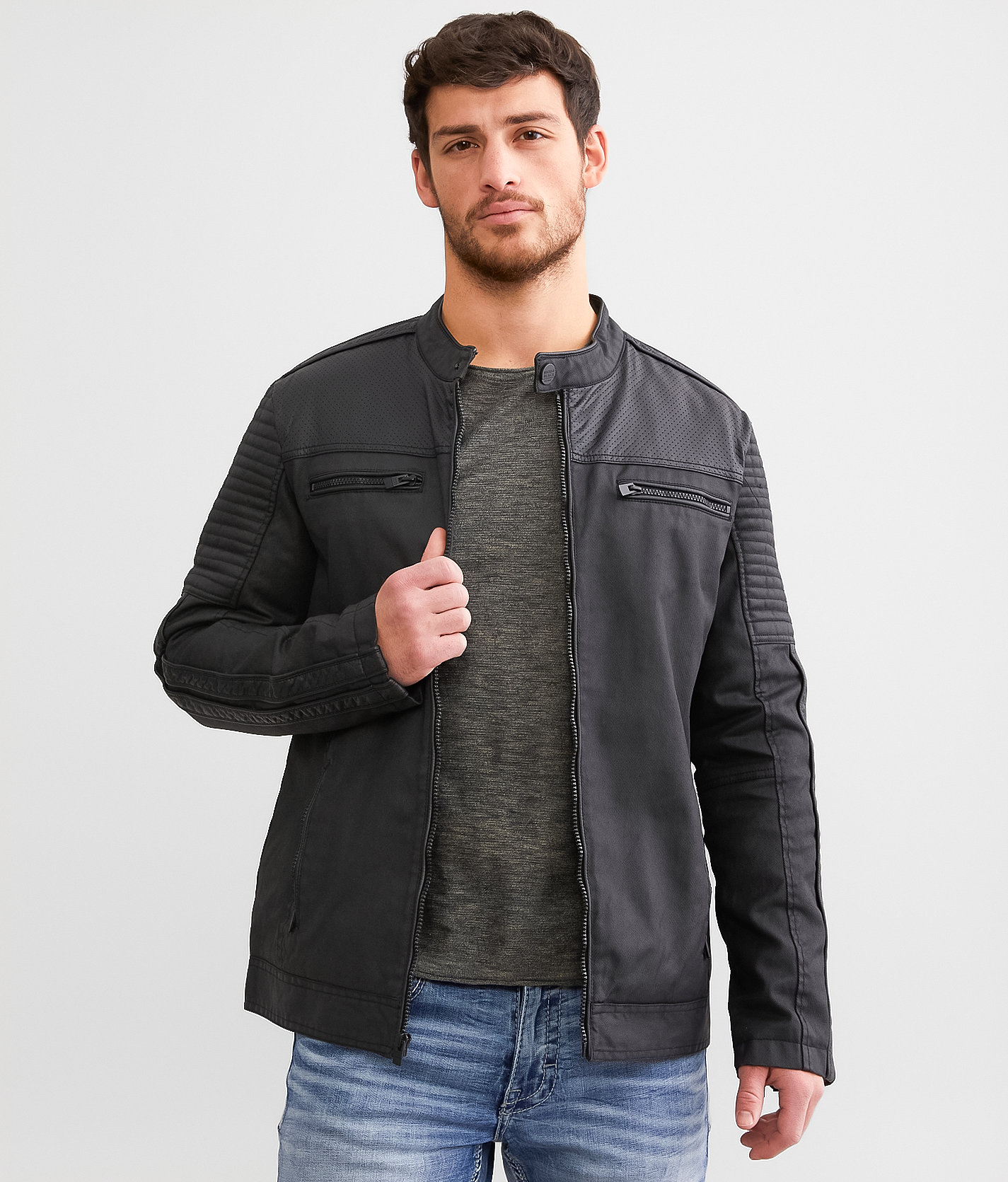 Buckle Black Perforated Faux Leather Jacket - Men's Coats/Jackets in Black  | Buckle