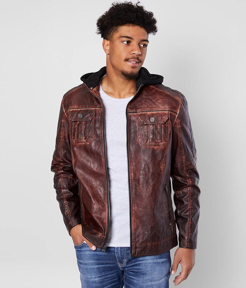 Buckle Black Washed Faux Leather Hooded Jacket - Men's Coats