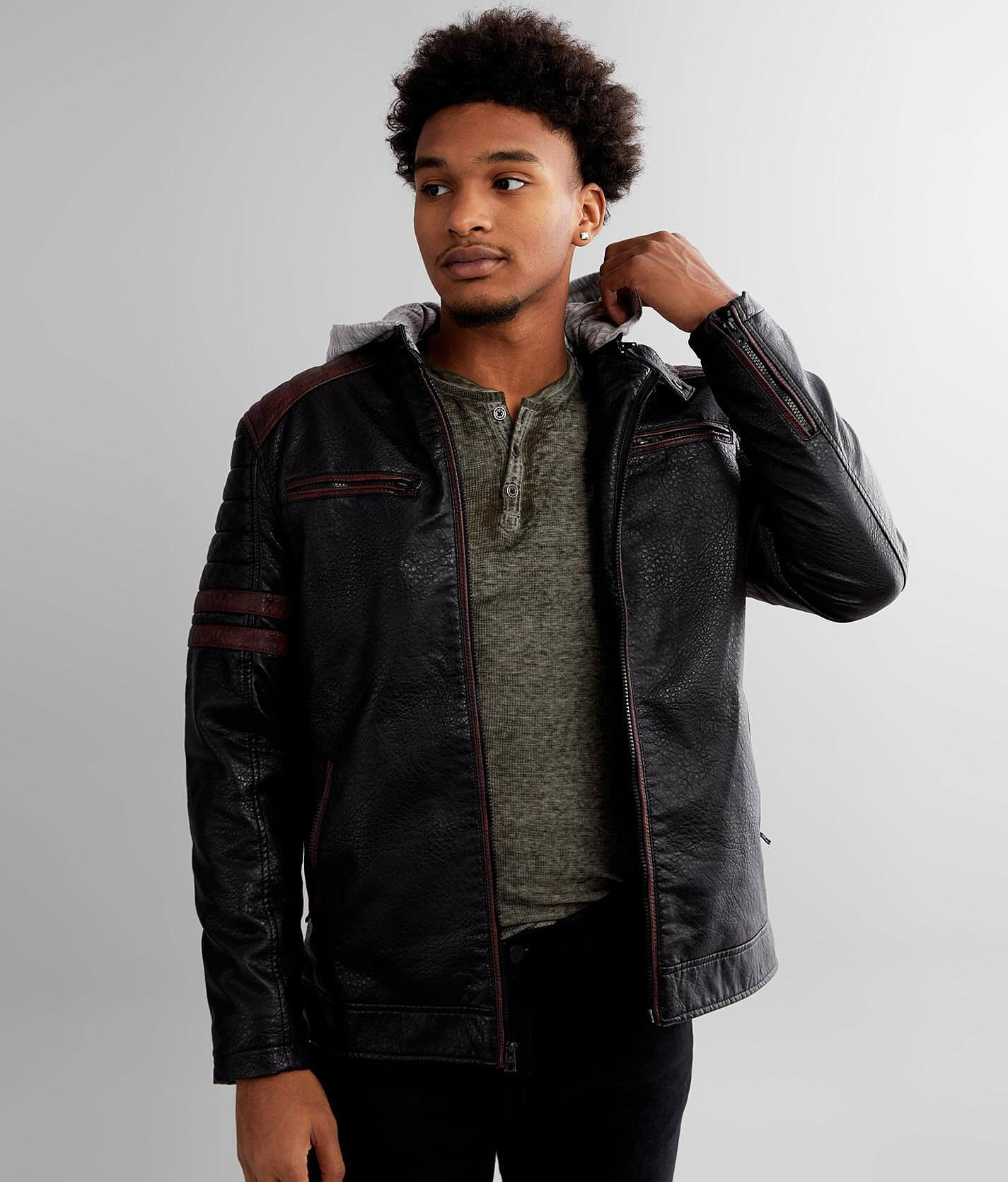 Buckle Black Seam Spray Faux Leather Jacket - Men's Coats/Jackets in Black