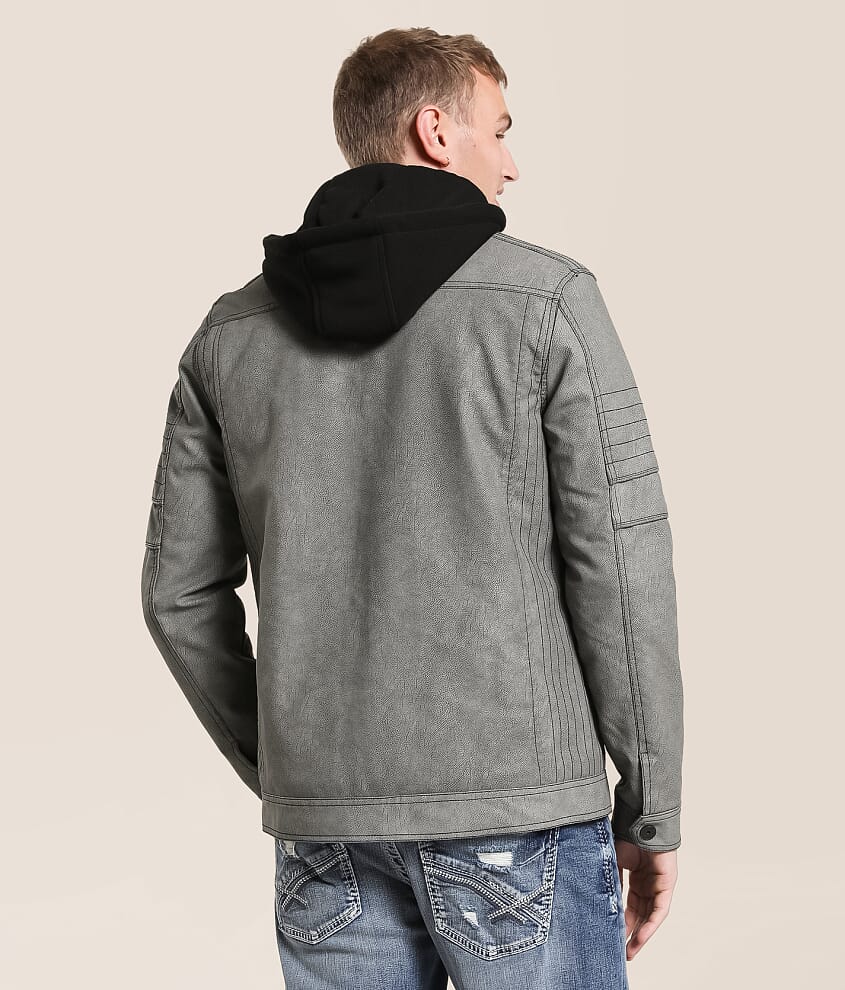 Distressed Faux Leather Hooded Jacket