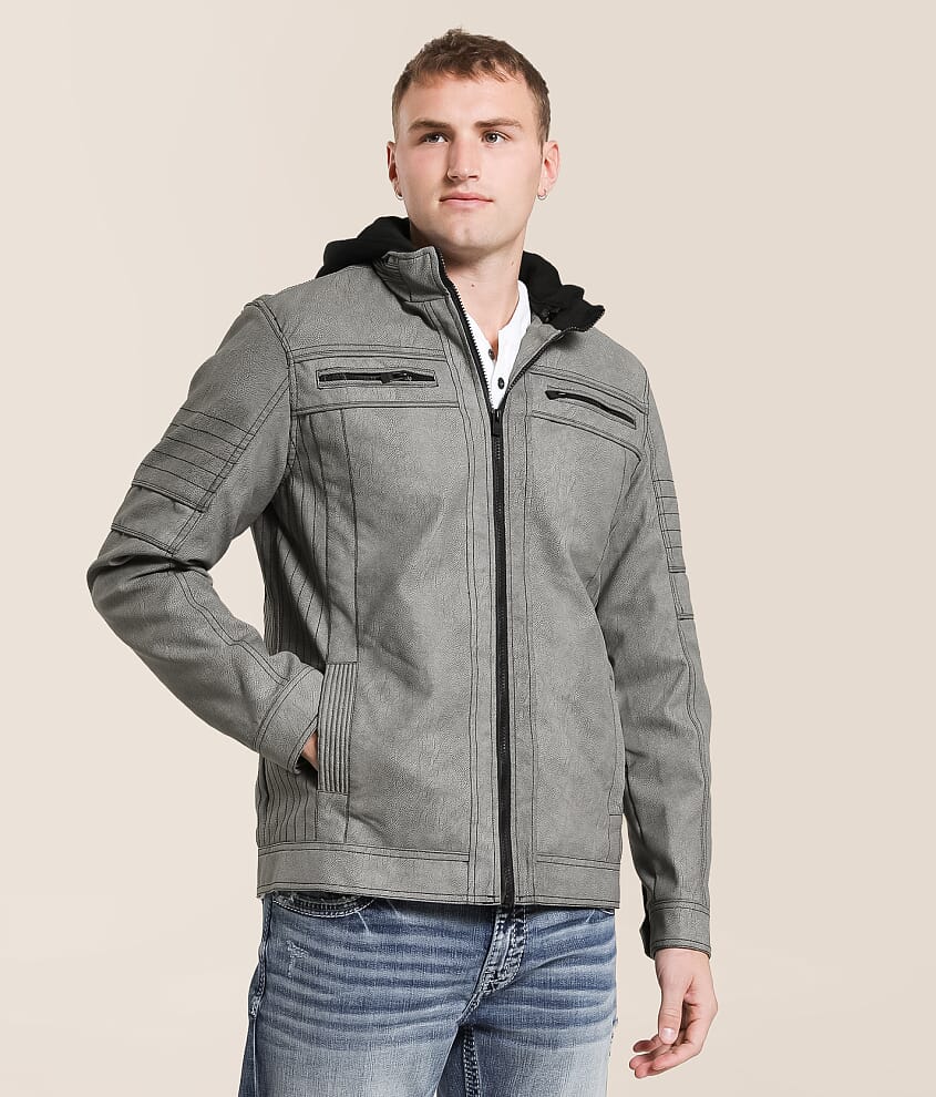 Distressed Faux Leather Hooded Jacket