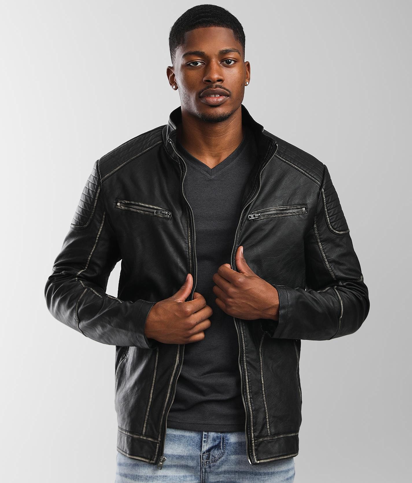 Buckle Black Seam Spray Faux Leather Jacket - Men's Coats/Jackets in Black