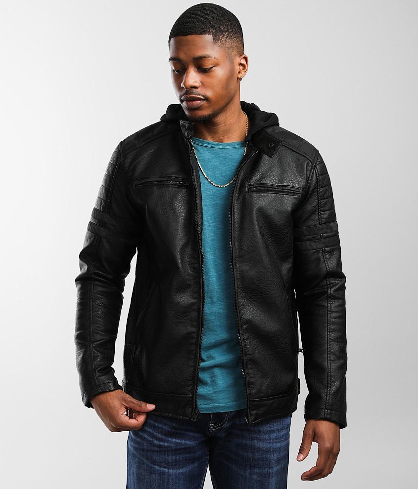 Buckle Black Textured Faux Leather Jacket front view