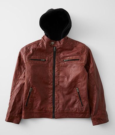 Buckle Black Boys - Faux Leather Hooded Jacket front view