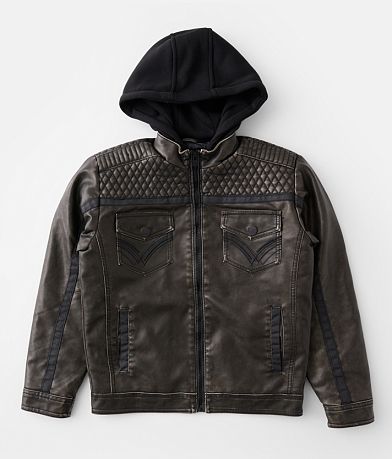 Buckle Black Boys - Washed Faux Leather Hooded Jacket front view