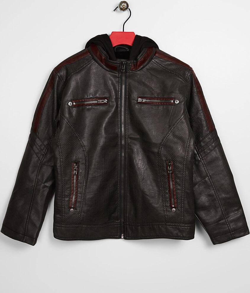 Boys - Buckle Black Hooded Faux Leather Jacket