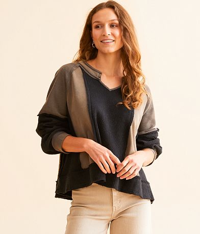 POL Pieced Split Neck Oversized Top front view