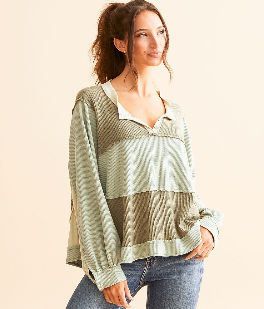 POL Pieced Faux Henley Top front view