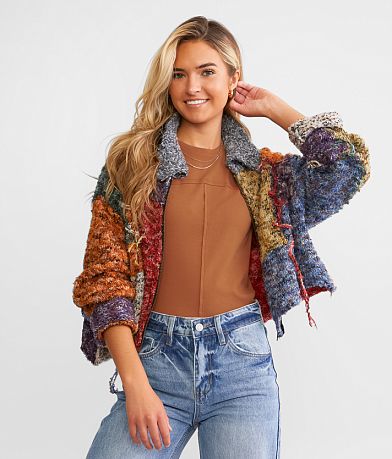 POL Rainbow Brushed Eyelash Cardigan Sweater front view
