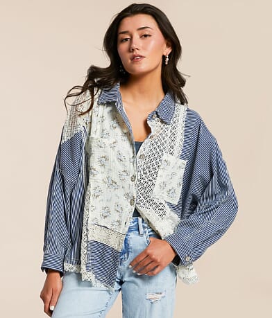 POL Pieced Floral Crochet Shirt front view