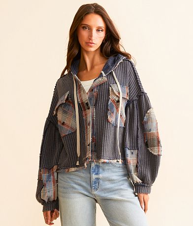 POL Pieced Plaid Hooded Shacket front view
