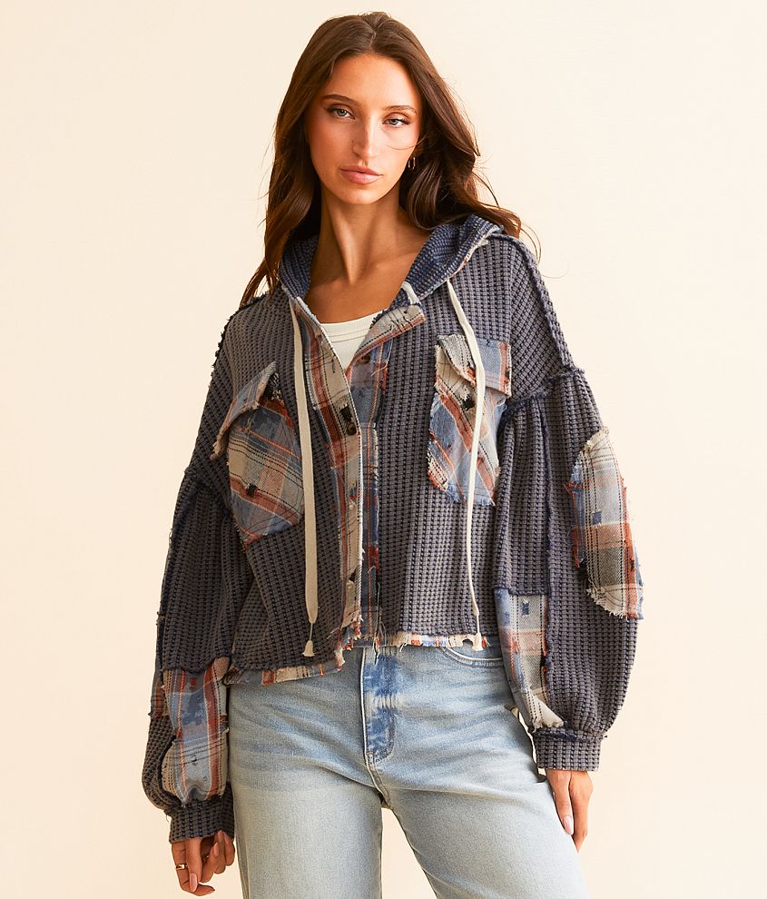 POL Pieced Plaid Hooded Shacket