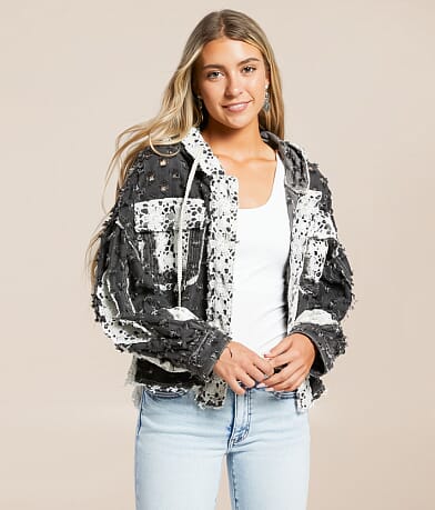 POL Pieced Crochet Hooded Shacket front view