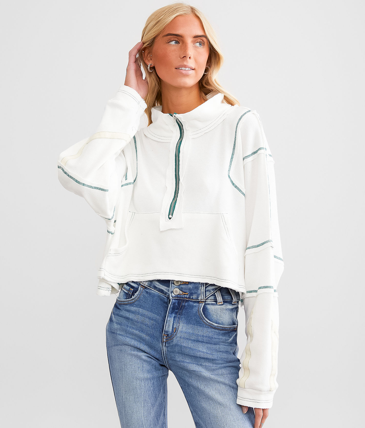 POL Contrast Stitch Quarter Zip Pullover - Women's Sweatshirts in 