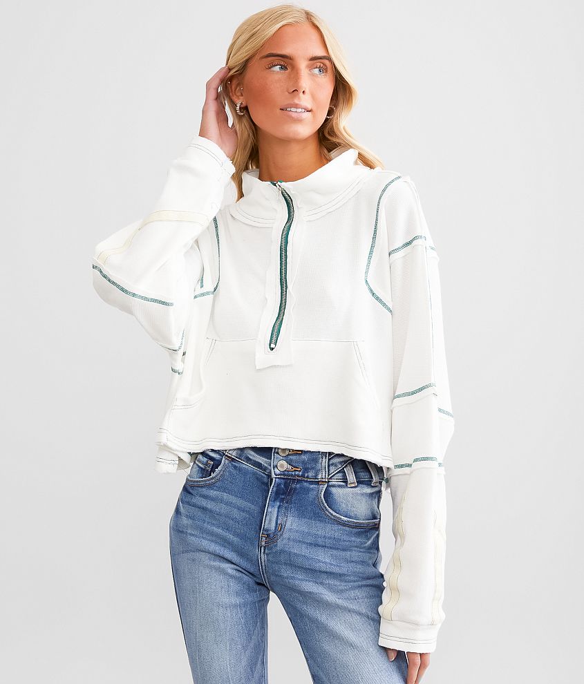 POL Contrast Stitch Quarter Zip Pullover - Women's Sweatshirts in Off White