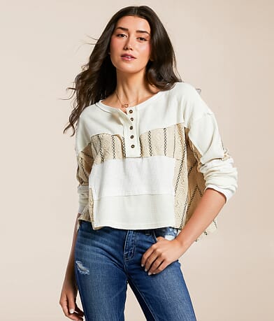 POL Pieced Crochet Henley front view