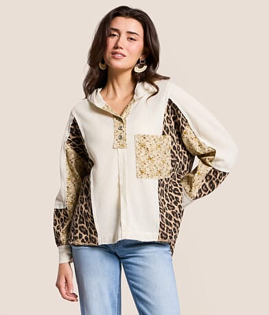 POL Mixed Media Henley Hoodie front view