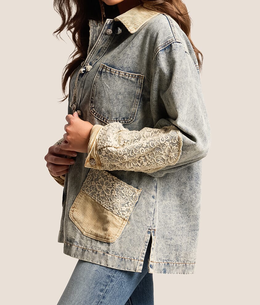 Pieced Lace Oversized Denim Jacket