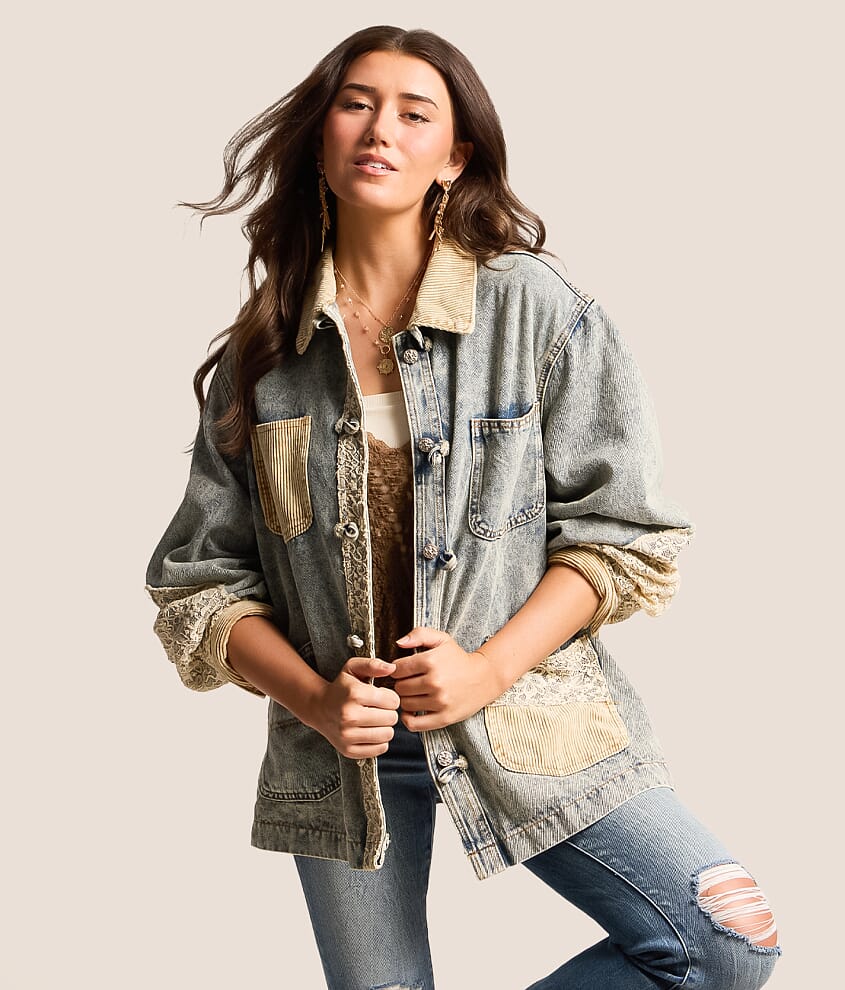 Pieced Lace Oversized Denim Jacket