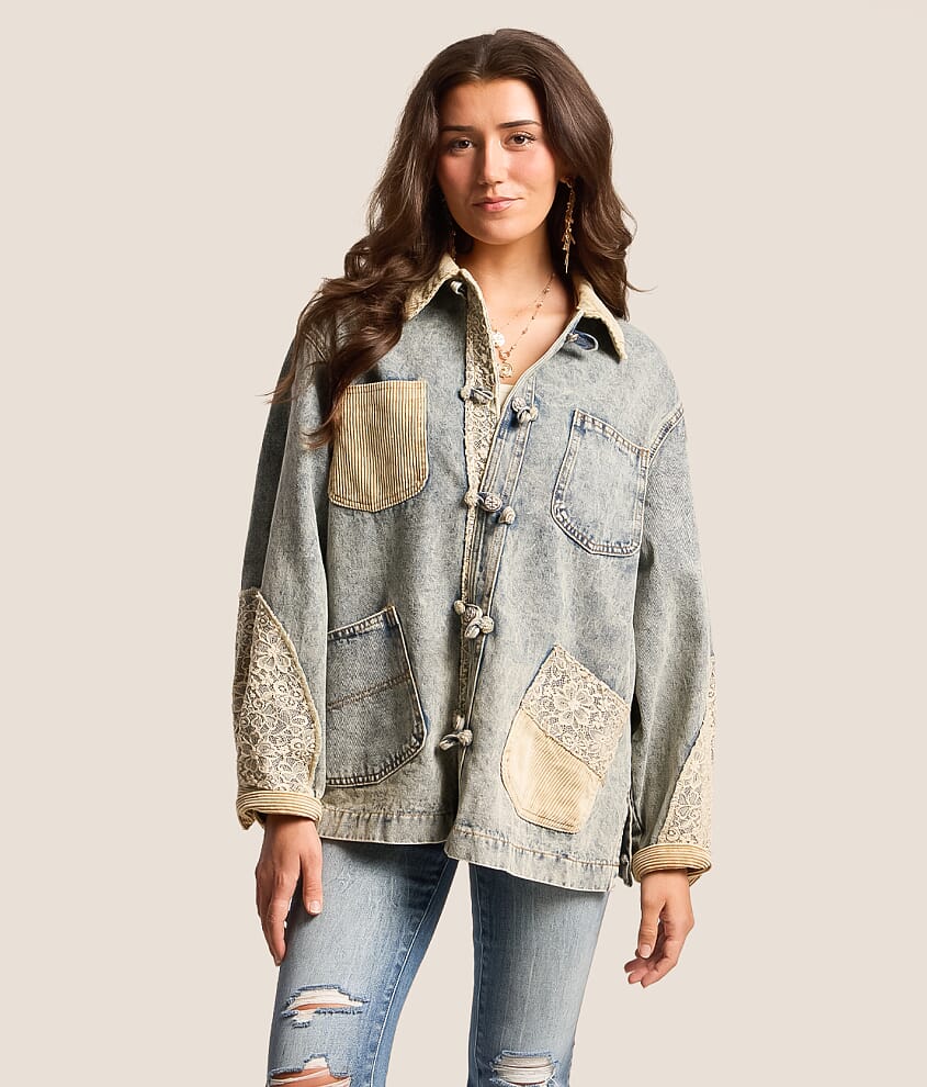Pieced Lace Oversized Denim Jacket