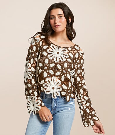 POL Floral Crochet Sweater - One Size front view