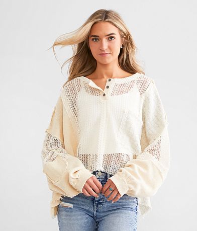 POL Mixed Open Weave Cropped Henley front view
