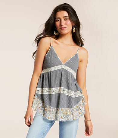 POL Pieced Floral Crochet Tank Top front view