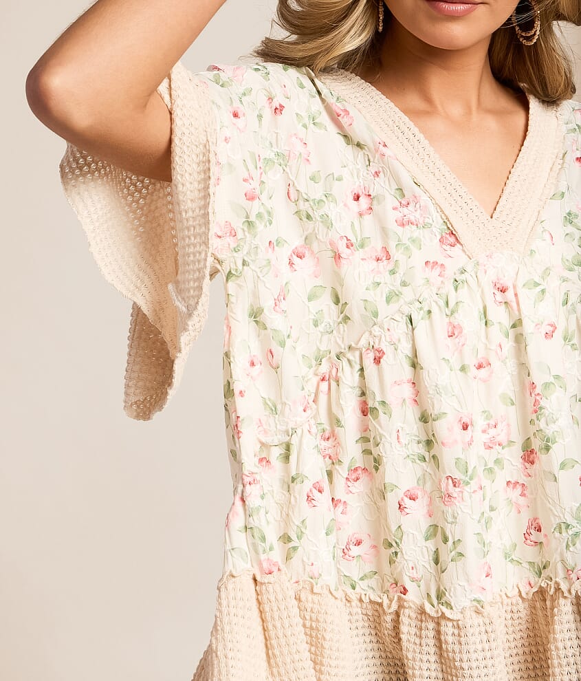 Embroidered Floral Babydoll Top