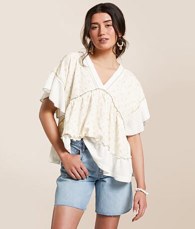 POL Floral Pointelle Babydoll Top front view