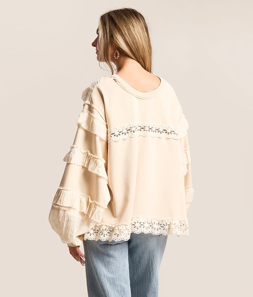 Raw Edge Crochet Trim Pullover