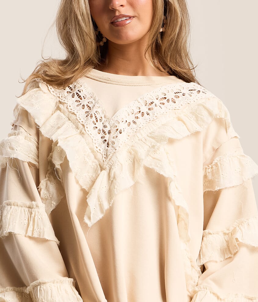 Raw Edge Crochet Trim Pullover
