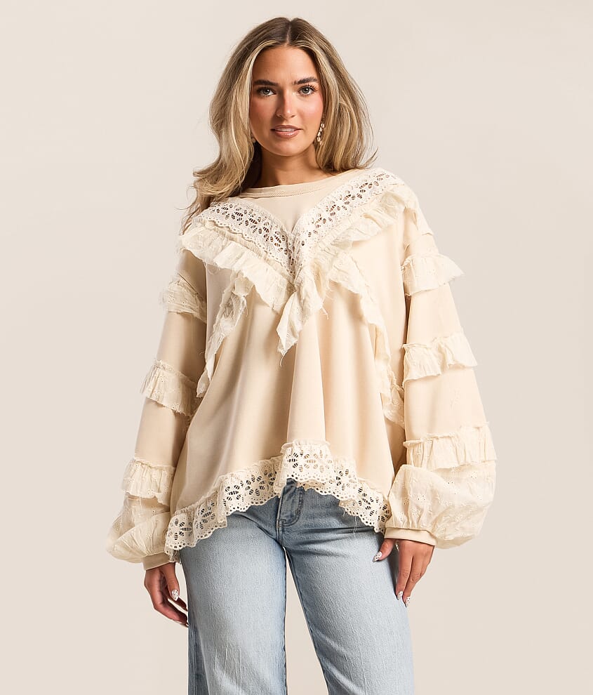 Raw Edge Crochet Trim Pullover