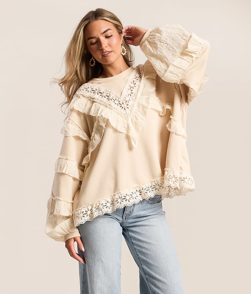 Raw Edge Crochet Trim Pullover