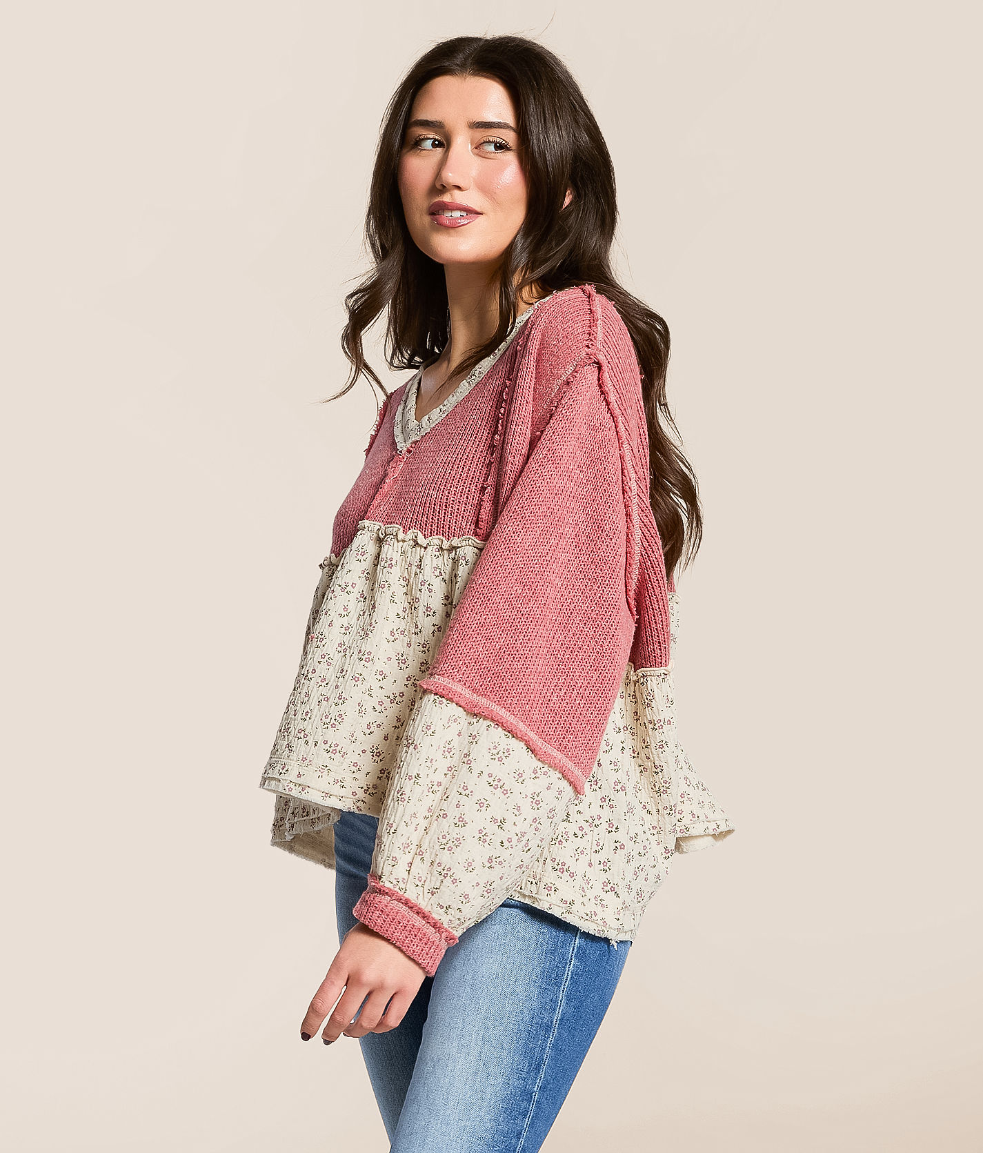 POL Pieced Floral Baby Doll Top - Women's Shirts & Blouses in